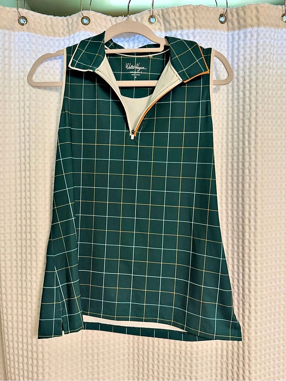Walter Hagen Plaid Zip Neck Top Green & White Size Medium